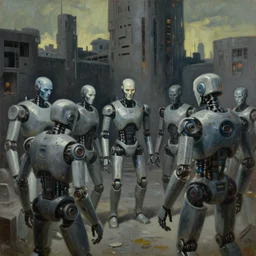 formation of robots guarding a brutalist fortress, evil visages, dystopian, pj crook, edward hopper, oil on canvas