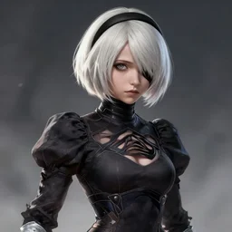 realistic beautiful gorgeous natural cute fantasy badass epic warrior 2B Nier Automata tanned skin tribal girl white blonde silver hair art drawn full HD 4K highest quality in artstyle by professional artists WLOP, Taejune Kim, yan gisuka, JeonSeok Lee, artgerm, Ross draws, Zeronis, Chengwei Pan on Artstation