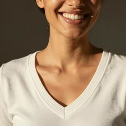 olive skinned female model in her thirties, wearing white v - neck sweater, focused on neck, photo realistic, extreme detail skin, natural beauty, straight teeth, laughing, no filter, slr, golden hour, 4 k, high definition, selfie
