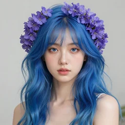 a masterpiece hyperrealistic ultradetailed fullbody photograph of a young woman with blue hair lush flowering indigofera, rough skin pores texture, cute and gorgeous, photoreal image, actual person, extremely detailed, trending on artstation, sharp focus, 4 k.