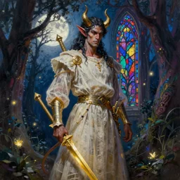 breathtaking detailed soft painting of a male knight demon in gauze dress with golden blades, in a moonlight forest with fireflies, intricate colorful stained glass, elegant, highly detailed, artstation, concept art, matte, sharp focus, art by tom bagshaw, luis royo and greg rutkowski