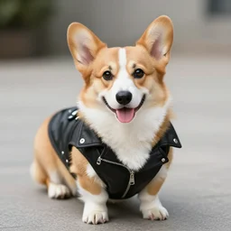 A corgi pup wearing a biker jacket