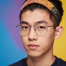A colorful studio portrait of SMG wearing elegant thin-rimmed glasses; f/1.4, 90mm