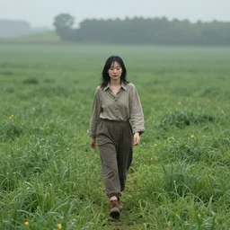 a woman walking in the meadow on a plain rainy day