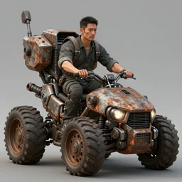 a concept art illustration, portrait, close up shot, an asian man riding a large mechanical rusty motor vehicle, megafauna, biome style by dylan cole and feng zhu and wlop, unreal engine, trending in artstation, octane render