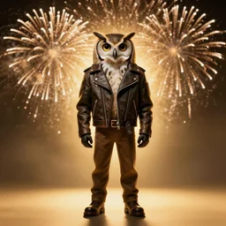 front of owl wearing biker jacket, portrait photo, full body, backlit, studio photo, golden ratio, fireworks in background