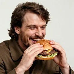 stalin smiles while sniffing tasty big burger
