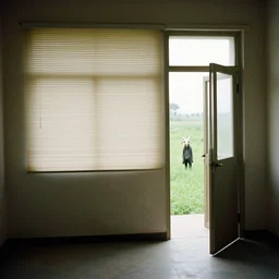 photo of an empty room with flowing blinds over the window and the door open to a grass strip and a person with a goat face standing beyond