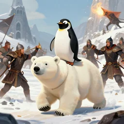 A penguin riding a polar bear, in an epic medieval battle