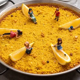 paella valenciana, on the surface there are four small male dolls and two girls dolls