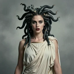 movie poster of anne curtis as medusa looking for camera wearing greek chiton, fantastically eerie, high concept, desaturated colors, pen and ink, low - key lighting, glamorous pose, intricate line drawings, by drew struzan, ruan jia, kentaro miura, greg rutkowski, victo ngai