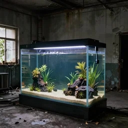 an art photo of aquarium in dimly lit abandoned industrial room, fine details, trending on artstation