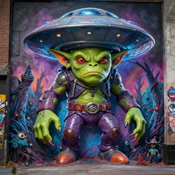 an 8 k photo real glossy hi res volumetric lighting 8 0 mm graffiti mural depicting a gremlin ufo orc zardoz lovecraft stranger things lord of the rings where the wild things are game of thrones jwst nasa beast monster frightening clay sculpture fright night horror terror super hero toy marvel