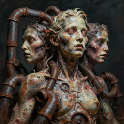 hyperealistic sculpture of a human with rusty pipes extruding from the body, body horror, human bodies, scary, human faces, disturbing,