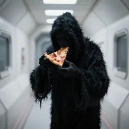 ominous fuzzy pitch black shadow creature eating pizza in a white spaceship corridor, uncanny, vhs, creepypasta, octane render, ray - tracing, 6 k