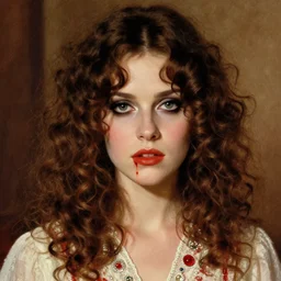 a beautiful but sinister girl who looks like shirley henderson in layers of fear, with haunted eyes and curly hair, 1 9 7 0 s, seventies, delicate embellishments, a little blood, crimson, painterly, offset printing technique, by jules bastien - lepage
