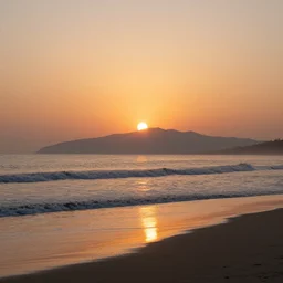 A morning landscape of a beach, sun rising up, mountains in the distance, sky is orange, 4k