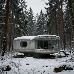 a beautiful detailed rendering of urbex bungalow building by eero saarinen, forest fantasy at winter landscape darkacademia, archdaily, wallpaper, highly detailed, trending on artstation.