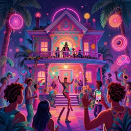 house party, epic angle, happy, psychedelic, hip hop, surreal, neon, vaporwave, detailed, illustrated by Alex Grey, 4k
