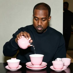 kanye west playing with a pink tea set