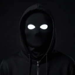 Photo of a person wearing black hoodie with a hood on and completely black full face mask and glowing complete white eyes, on a black background