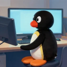 pingu sitting behind a computer, painted by mark ryden, art, epic lighting