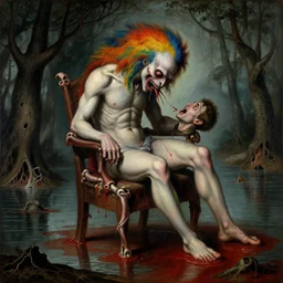 a sacred painting of a beautiful flesh - eating timikawa with rainbow fur eating a screaming man, sitting on chair made of human limbs, the chair is floating in a lake of blood, surrounding the lake are melting trees, nightmare scene, supernatural, highly detailed, creepy, terrifying, famous painting by raphael and salvador dali