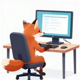 a fox sits in front of a gaming computer doing taxes