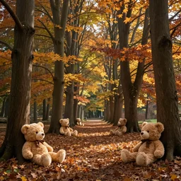 autumnal woods with teddy bears, in the style of over the garden wall