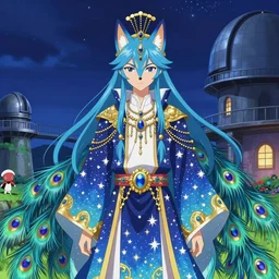 portrait from an anime of an ethereal colorful blue starry fox peacock character accented in gold, wearing star filled magic imbued mage robes, wearing lots of gold jewelry and gems, set in observatory at night, art by yuji ikehata, background art by miyazaki with assistance from splatoon by nintendo realism, proper human proportions, fully clothed,