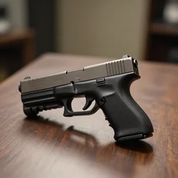 photograph of a Glock 18, on a table, shot by Quentin Tarantino, one point perspective, 1-point perspective, sigma 85mm f/1.4, 4k, depth of field, high resolution, 4k, 8k, hd, full color