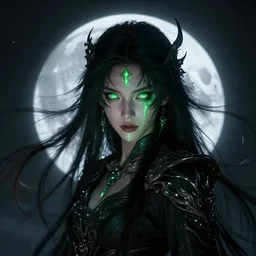 portrait of moon sorceress, beautiful, attractive, green eyes, glowing, jaw dropping, dynamic lighting, dark, menacing, intricate and detailed, 4 k octane render, age 2 0