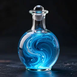 spirit potion containing swirling glowing blue liquid, beautiful intricate glass bottle,  dark background, dramatic lighting, fantasy, CGI, octane render, 8k
