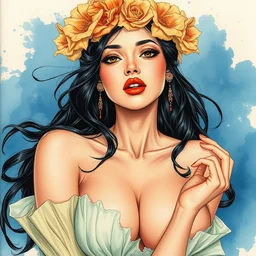 kali. beautiful, realistic portrait illustration by mucha and kuvshinov and bilibin. synthwave watercolor, thick linings, manga