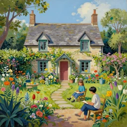 a gorgeous, fantastic, magical country cottage garden by michael kidd, escher, victo ngai, thomas kincade, trending on artstation, artgerm, acrylic on canvas