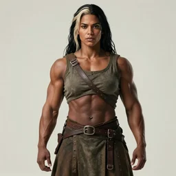 realistic photograph. black hair single bleached streak in hair on left side. imposingly tall, broadshouldered, jacked muscular woman. half black half arab. dark skin. face like kendall jenner, dark complexion. modest practical medieval ranger clothing. fully dressed. massively jacked physique, robust build, swole. in her 3 0's. streak in hair.