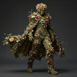 object concept art, man covered in a cape made of flowers, leaves, thorns and vines. detailed, high quality, dynamic lighting, dark fantasy. artwork by artgerm, wlop, alex ross, greg rutknowski, alphonse mucha