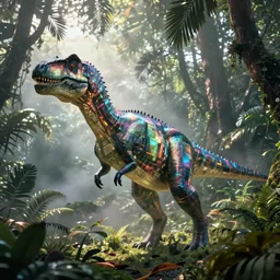 a hologram of a dinosaur in the jungle with fog, fantasy concept art by greg rutkowski and beeple
