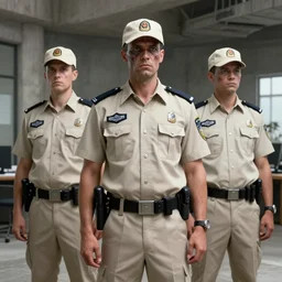 ( ( beige and pale ) ) uniform and caps zombie security officers ( background brutalist concrete office ) trending on artstation very high detail digital painting 4 k 8 k hd accurate