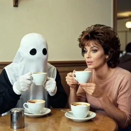 1976 sofia loren and casper the friendly ghost having coffee, 16mm color film, expired film, archival footage in the style of cassavetes, 1976