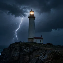 light house on a cliff in a thunderstorm at night, dramatic lighting, cinematic, establishing shot, extremly high detail, photo realistic, cinematic lighting, post processed, concept art, artstation, matte painting, style by eddie mendoza, raphael lacoste, alex ross