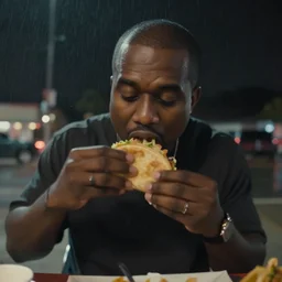 blurry, gopro footage of kanye west eating at taco bell, cinematic, volumetric lighting, night, rain