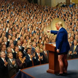 enoumous crowd of millions of people, everyone is laughing and pointing at donald trump on a podium. he is not wearing pants and his legs are visible. painting by salvador dali.