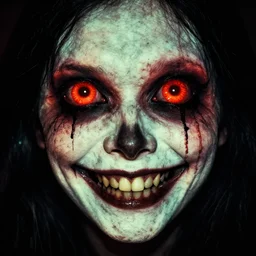horrifying creepypasta image, high contrast, saturated colors, creepy eyes and smile