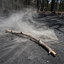 dry and dead branch in a forest of sand and coal, dust, wind, dirt, advertising photography