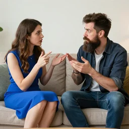 a woman in a blue dress and a bearded hipster argue about artificial intelligence on a sofa