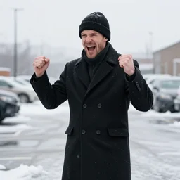Kevin Malone wearing a black beanie hat and black wool overcoat standing in a snowy parking pumping his fists in the air in excitement