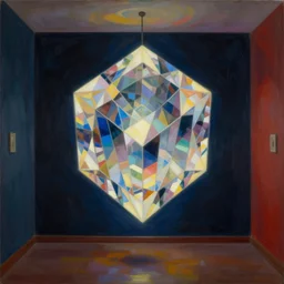 interior of a small room, large floating glowing crystal tesseract!!!!!!!!!!!!!!!!!!, beksinski painting, part by adrian ghenie and gerhard richter. art by takato yamamoto. masterpiece, deep colours