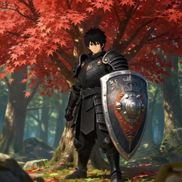 realistic render of the character maple tree from bofuri wearing black armor and a large intricately detailed shield by ross draws, forest background by ilya kuvshinov, digital anime art by ross tran, composition by sana takeda, lighting by greg rutkowski