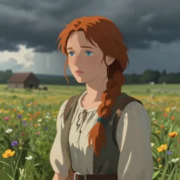 a beautiful country woman named Savannah Savage, innocent, sad blue eyes, freckles, long ginger hair in a messy braid, thoughtful in a field of flowers on a farm, gentle lighting, innocent mood, storm in the distance, somber, western clothing, dress,digital art by Makoto Shinkai ilya kuvshinov and Wojtek Fus, digital art, concept art,
